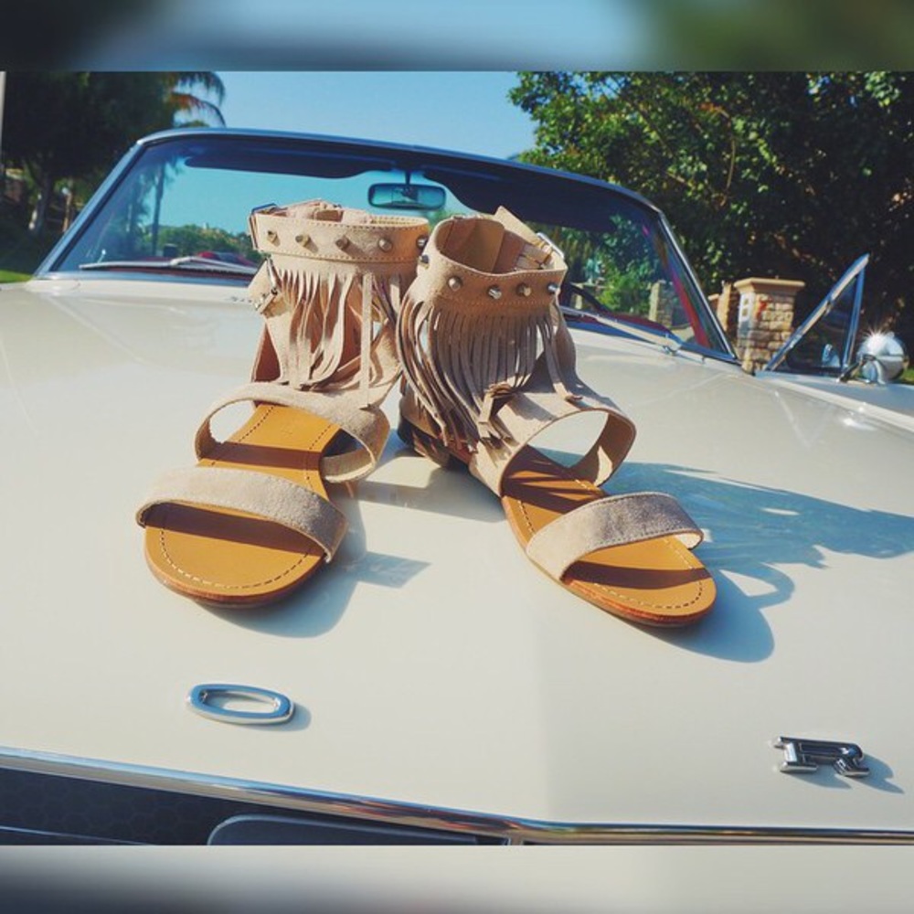 Fringe tan faux suede ankle strap flat sandals